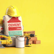 Construction materials and tools on yellow background. 3