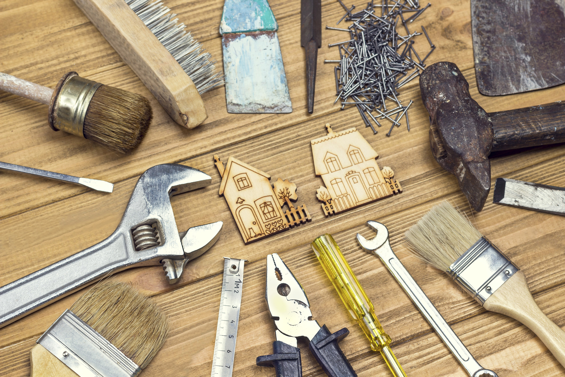 Old, dusty home tools for repair work. Old, dusty home tools for repair work.
